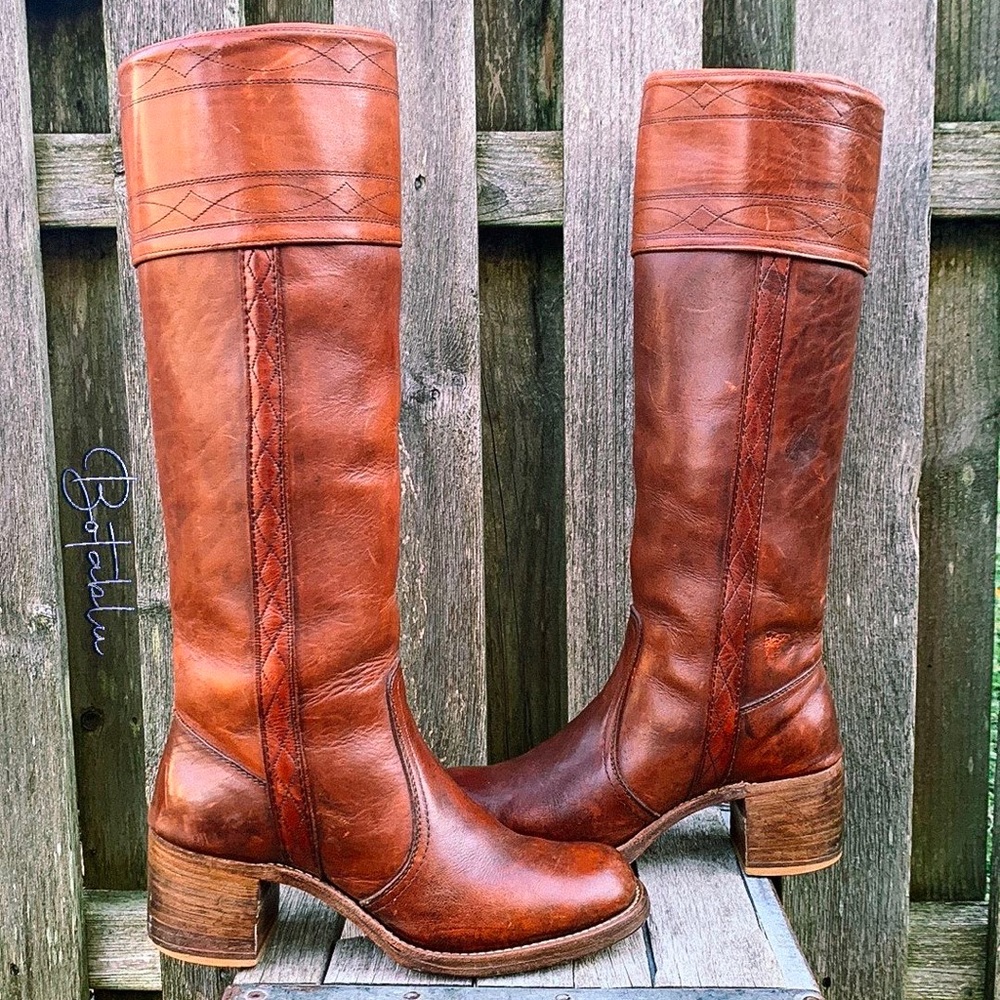 FRYE True Vintage Black Label Tall Knee High Cuff Stitching Brown Boots Size 7.5